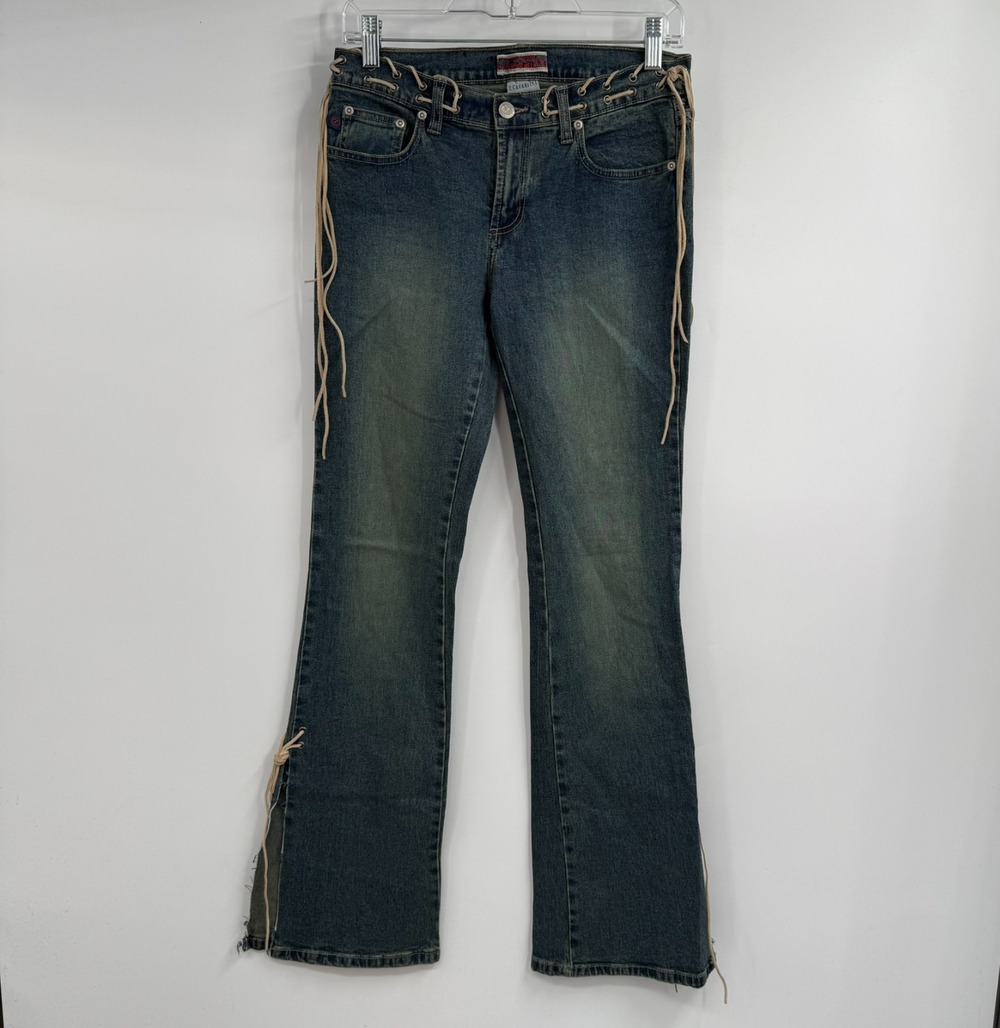 VTG Y2K Z Cavaricci Mid Rise Lace Up Flared Jeans Size 5 Blue Denim Stretch Slit